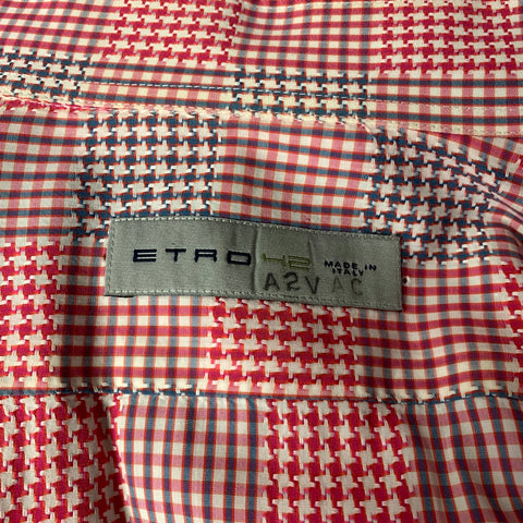 ETRO Size XL Red Blue Houndstooth Plaid Cotton Button Up Long Sleeve Shirt