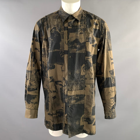 ZIGGY CHEN Size 40 Black Khaki Graphic Cotton Button Up Long Sleeve Shirt