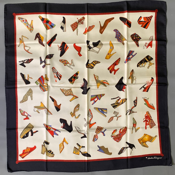 SALVATORE FERRAGAMO White Black Shoes Silk Scarves
