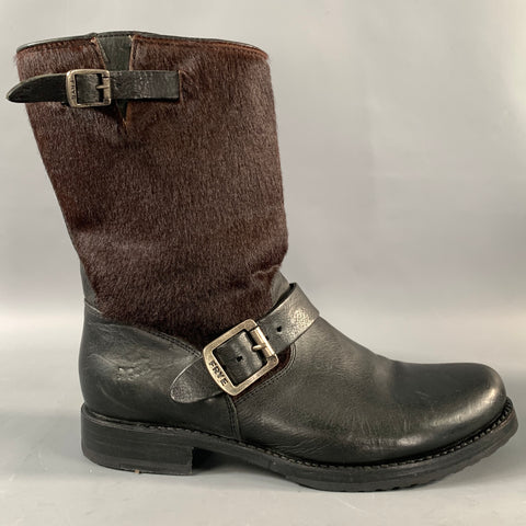 FRYE Size 9 Black Brown Leather Pony Hair Pull On Boots