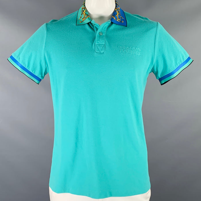 VERSACE JEANS COUTURE Size L Turquoise Blue Green Baroque Knit Polo