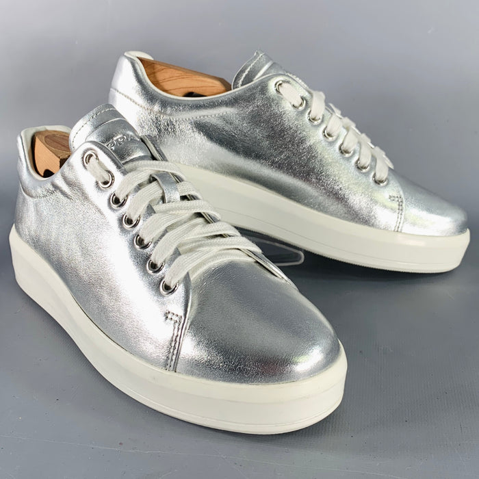 PRADA Size 7.5 Metallic Silver Leather Platform Sneakers