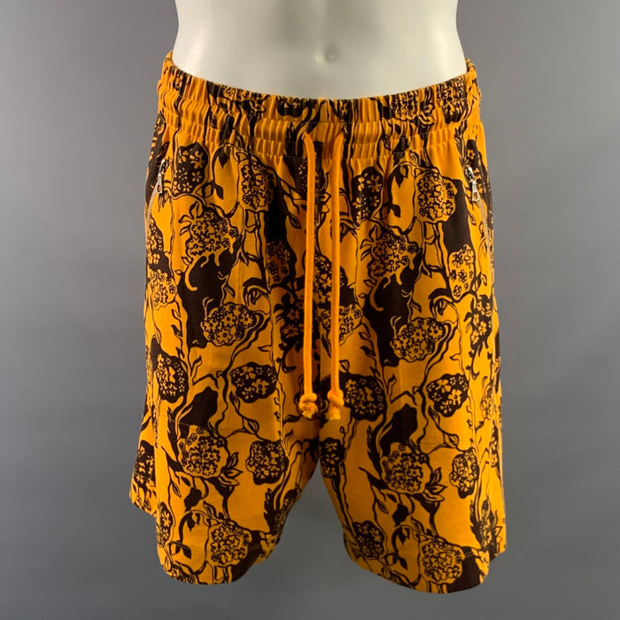 DRIES VAN NOTEN Size M Orange Brown Floral Drawstring Shorts