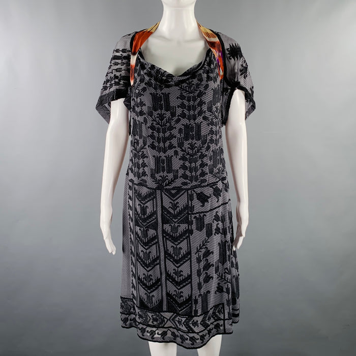 DRIES VAN NOTEN Size 6 Grey Black Silk Embroidered Short Sleeve Dress