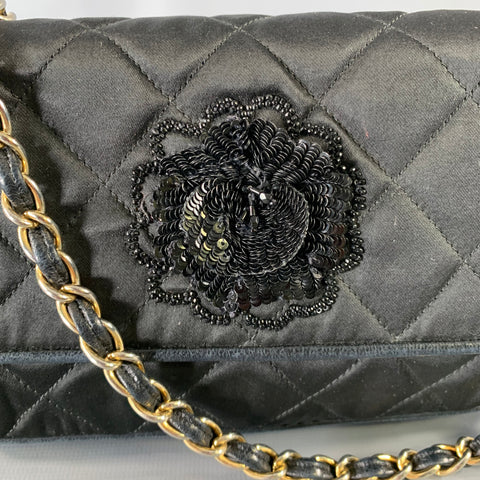 CHANEL Black Quilted Silk Leather Cross Body Handbag