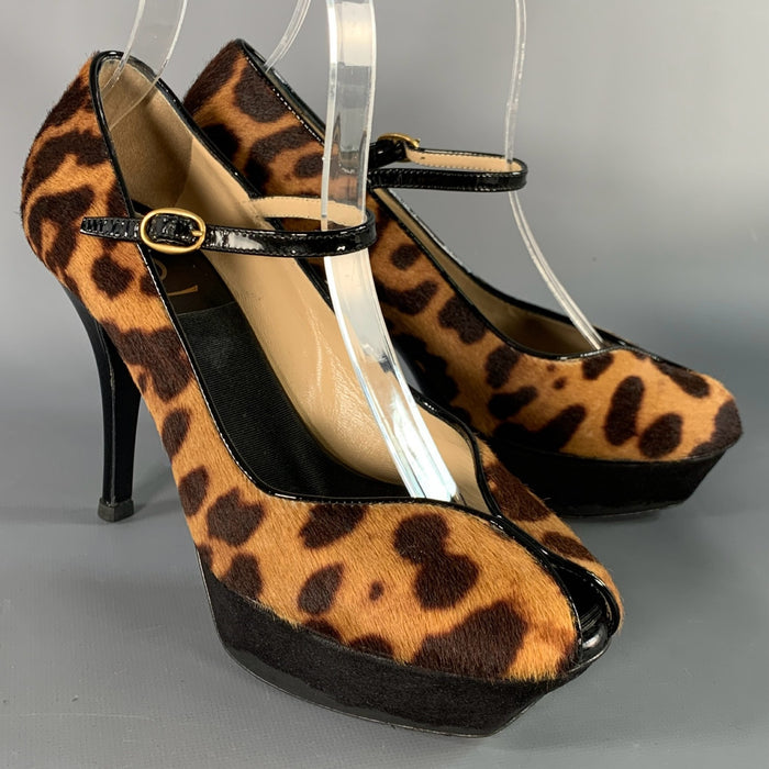 YVES SAINT LAURENT Size 6 Tribute Brown Black Calf Hair Animal Print Platform Sandals
