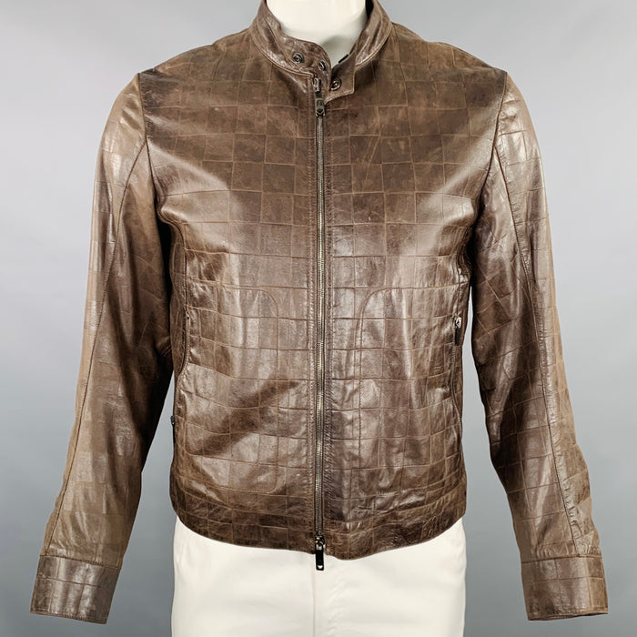 EMPORIO ARMANI Size 42 Brown Checkered Leather Zip Up Jacket