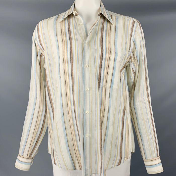 BRIONI Size L Beige Multi Color Stripe Linen Button Up Long Sleeve Shirt