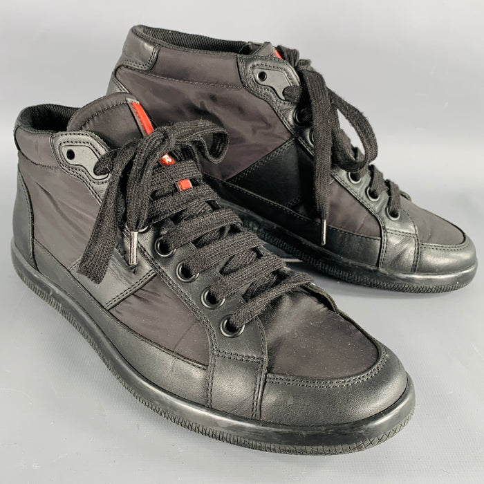 PRADA Size 7 Black Mixed Fabrics Nylon Leather Lace-Up Sneakers