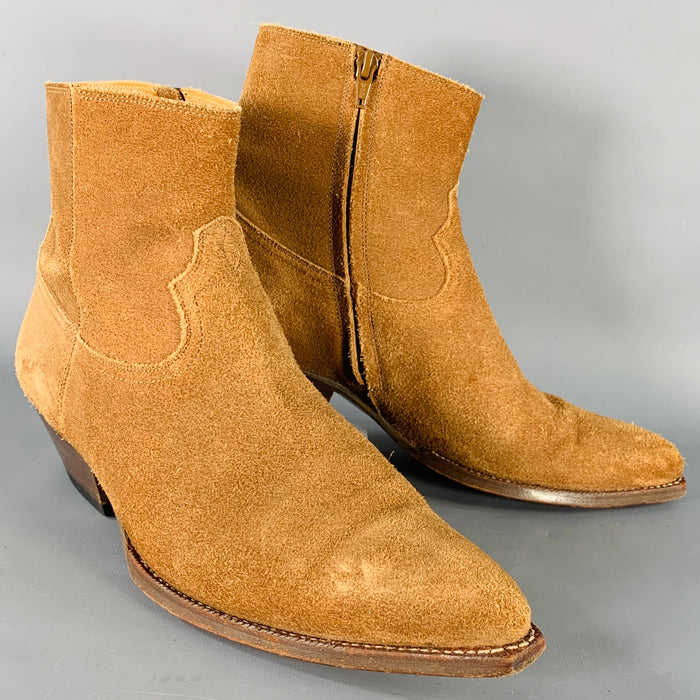 SAINT LAURENT Size 10 Camel Suede Side Zipper Western Cowboy Ankle Boots