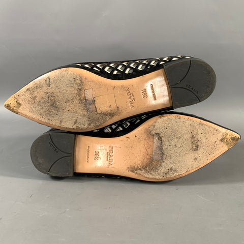 PRADA Size 6.5 Black White Leather Cut Out Pointed Toe Flats