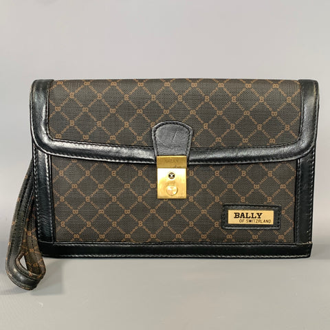 BALLY Brown Black Monogram Leather Wristlet Bag