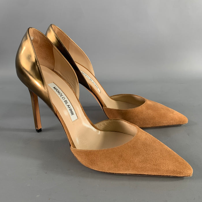 MANOLO BLAHNIK Size 9.5 Brown Metallic Suede Two Tone Suede Pointed Toe Pumps