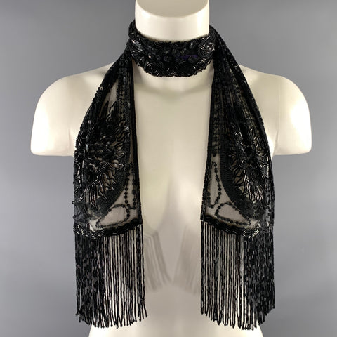 RALPH LAUREN Black Floral Nylon Beaded Scarf