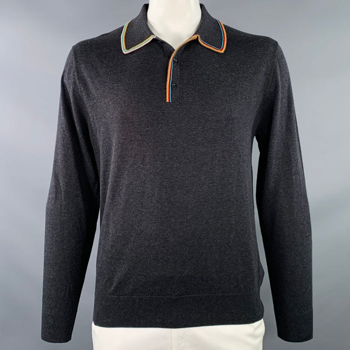 PAUL SMITH Size L Grey Contrast Trim Cotton Merino Wool Long Sleeve Polo