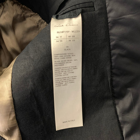 RICK OWENS FW2018 Chest Size 44 Black Wool Notch Lapel Sport Coat
