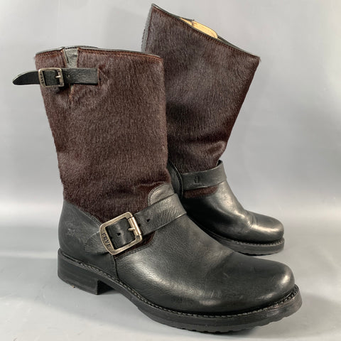 FRYE Size 9 Black Brown Leather Pony Hair Pull On Boots
