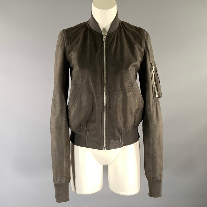 RICK OWENS Size 6 Grey Leather Crackled Bomber Jacket Outdoor