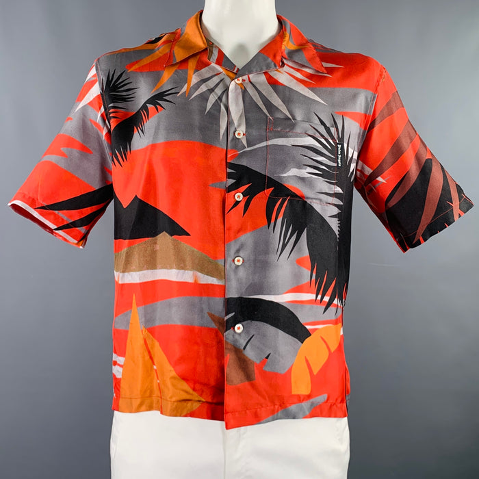 PALM ANGELS Size 42 Red Grey Hawaiian Silk Short Sleeve Shirt