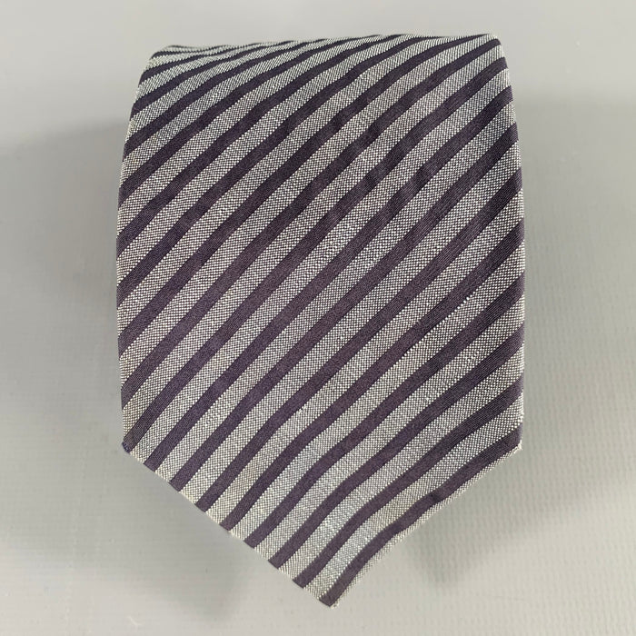 JIL SANDER Grey Navy Diagonal Stripe Silk Tie