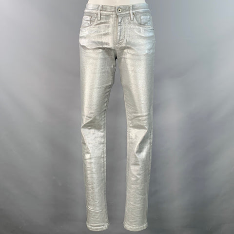 ROBERTO CAVALLI Size 4 Metallic Silver Coated Cotton Blend Skinny Jeans