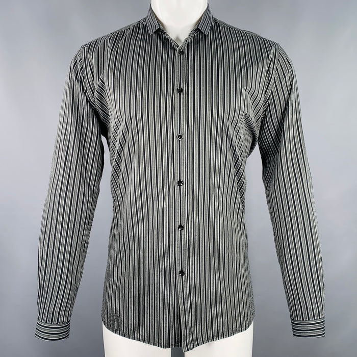 SAINT LAURENT Size 40 Black Grey Stripe Cotton Spread Collar Long Sleeve Shirt
