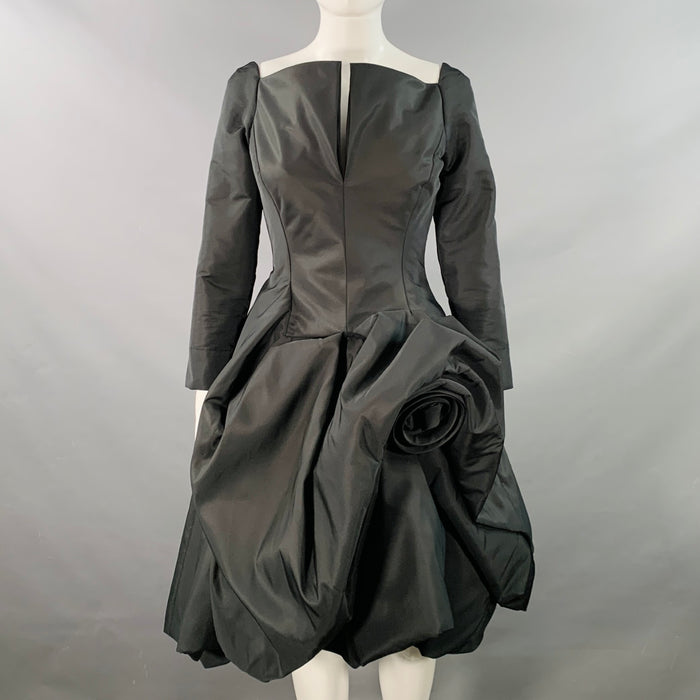 OSCAR DE LA RENTA 2022 Size 6 Black Taffeta Long Sleeve Midi Cocktail Dress