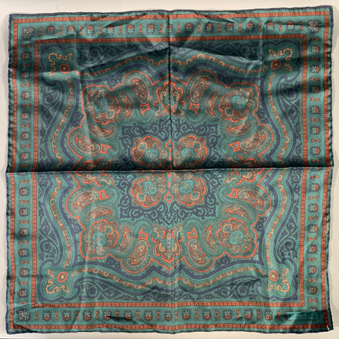 CHRISTIAN DIOR Green Burnt Orange Paisley Silk Pocket Square