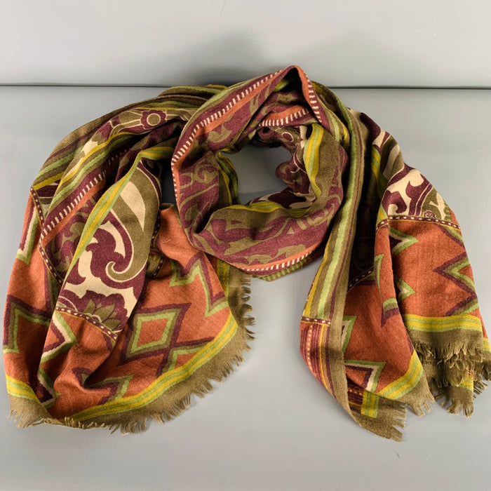 ETRO Green Brick Red Mixed Pattern Wool Blend Scarf