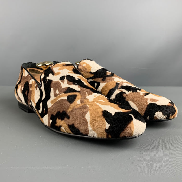 JIMMY CHOO Size 9 Brown Black & White Animal Print Leather Slip On Loafers