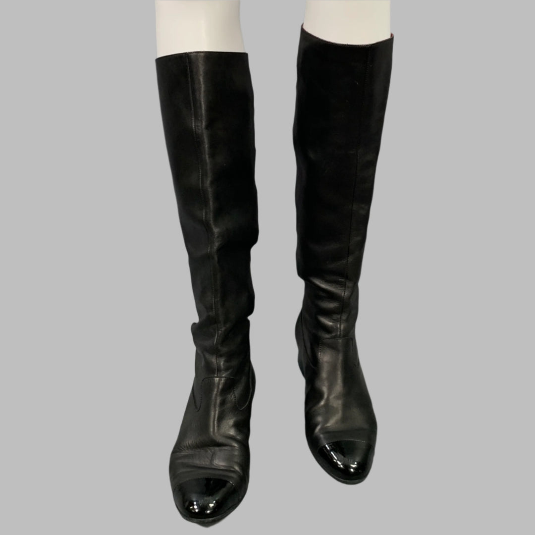 CHANEL Size 6.5 Black Leather Knee High Buckles Boots