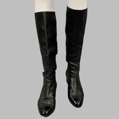 CHANEL Size 6.5 Black Leather Knee High Buckles Boots