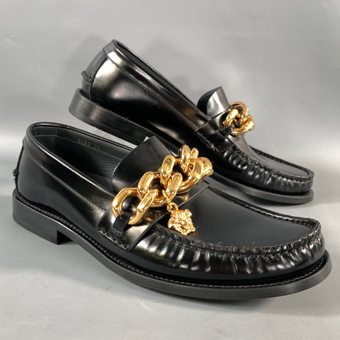 VERSACE SS2021 Size 9 Black Gold Leather Loafer Flats