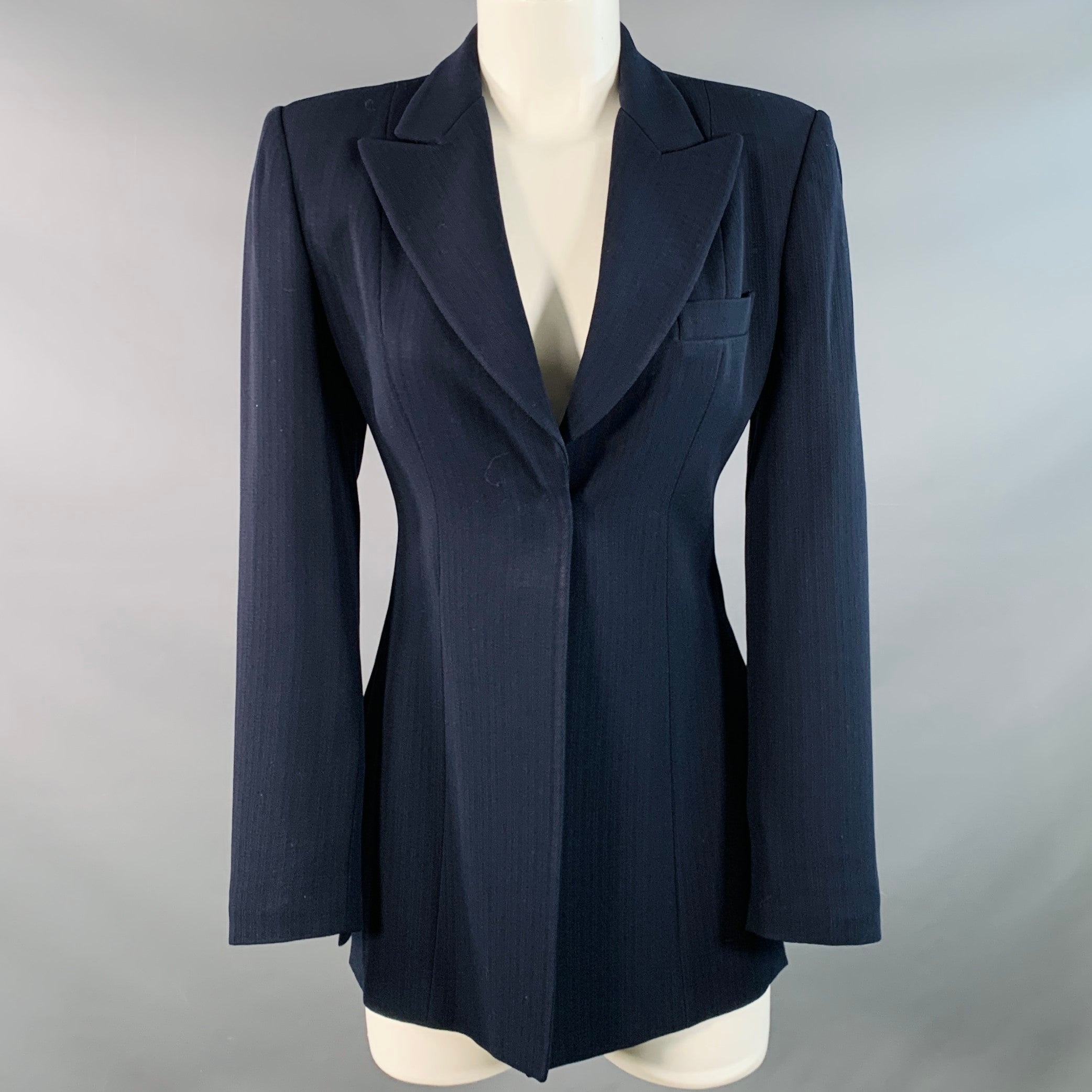 EMPORIO ARMANI Size 4 Navy Wool Blend Stripe Single Button Jacket