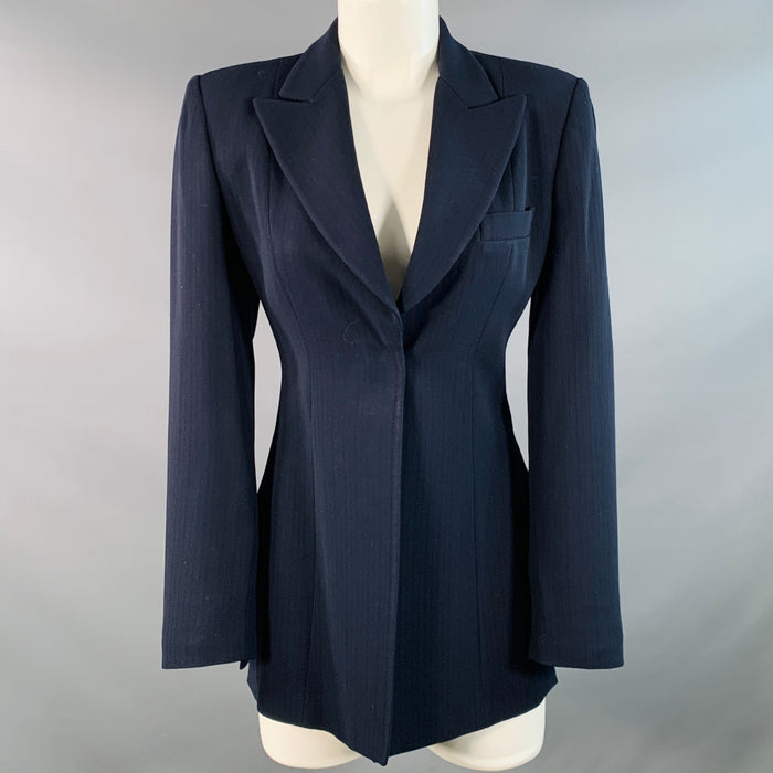 EMPORIO ARMANI Size 4 Navy Wool Blend Stripe Single Button Jacket Blazer