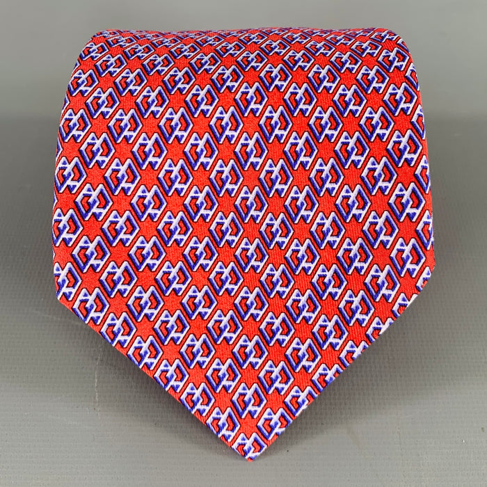 HERMES H Cube Red Blue Monogram Silk Tie