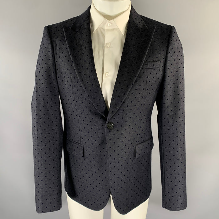 EMPORIO ARMANI Size 40 Navy Polka Dot Wool Blend Peak Lapel Sport Coat