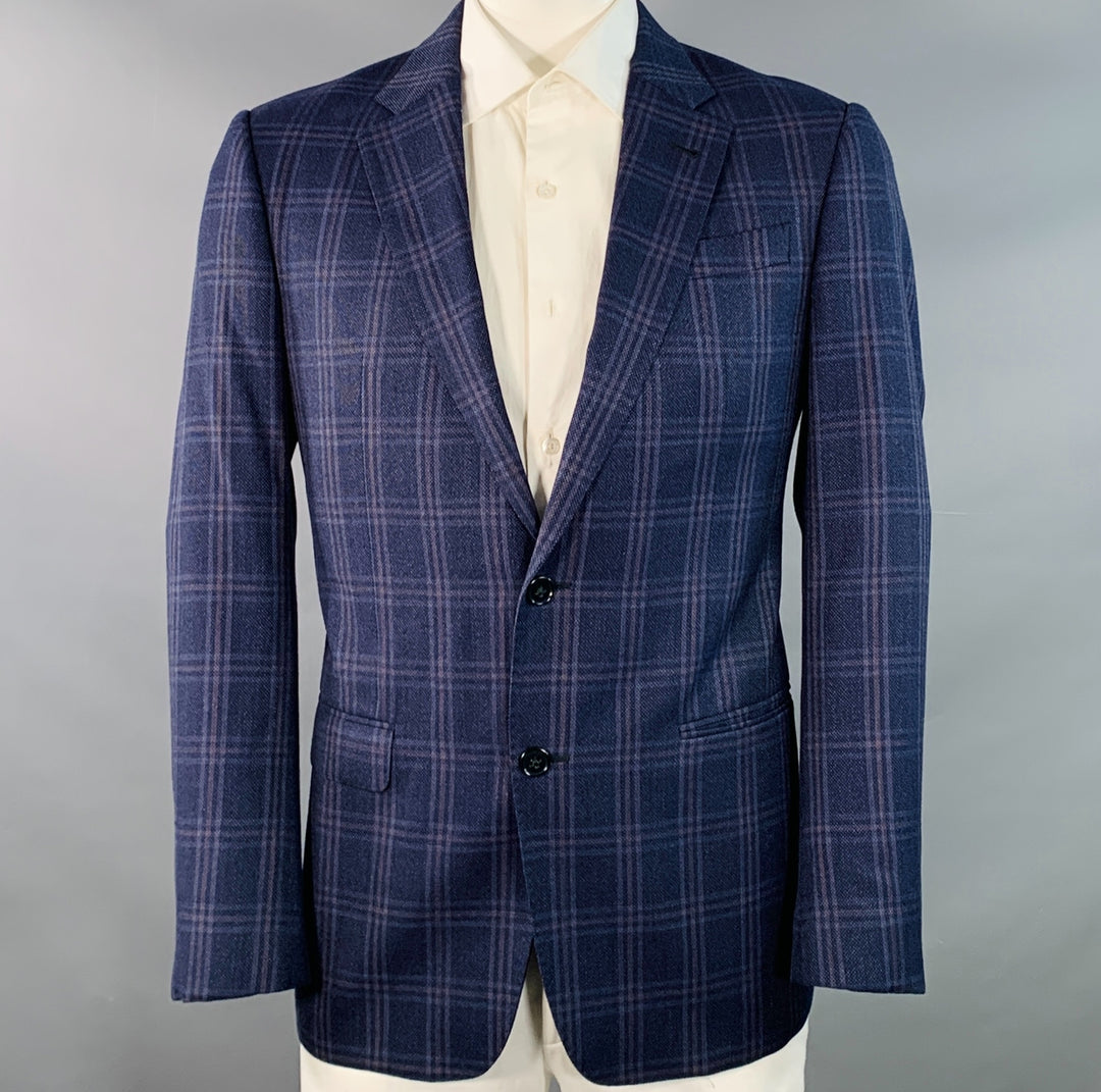 ARMANI COLLEZIONI Size 44 Navy Blue Brown Plaid Virgin Wool Notch Lapel Sport Coat