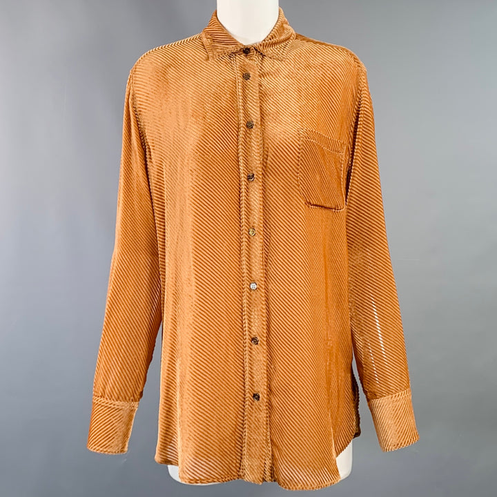 SIES MARJAN Size 4 Tan Viscose Silk Velvet Diagonal Stripe One Pocket Shirt