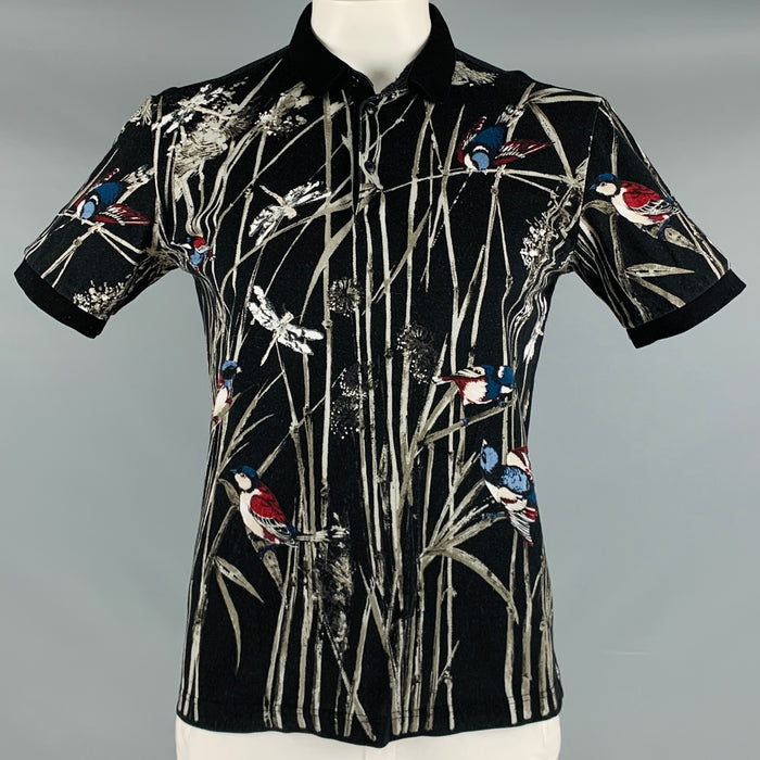 DOLCE & GABBANA Size L Black Grey Birds Cotton Buttoned Polo