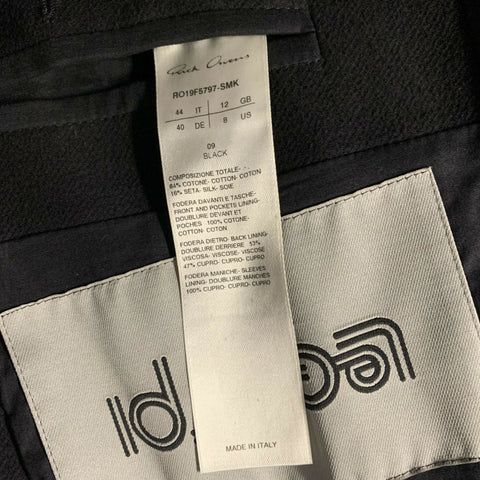 RICK OWENS FW2019 Size M Black Cotton & Silk Collarless Coat