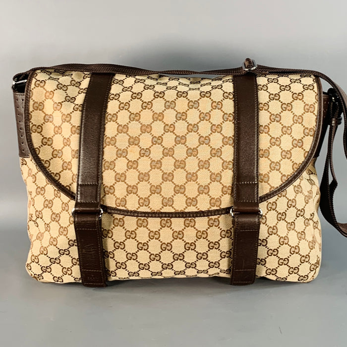 GUCCI Guccissima Brown Beige Monogram Canvas Leather Trim Messenger Bag