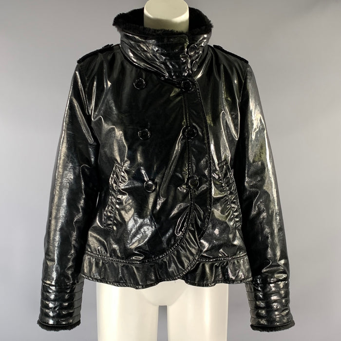 ARMANI COLLEZIONI Size 6 Black Polyurethane Ruffled Double Breasted Coat