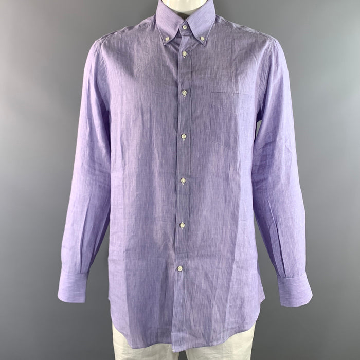 BRUNELLO CUCINELLI Size XL White Lavender Pinstripe Long Sleeve Shirt