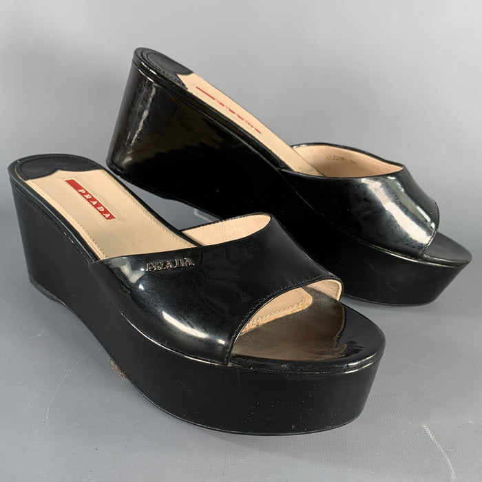 PRADA Size 9.5 Black Patent Leather Platform Sandals