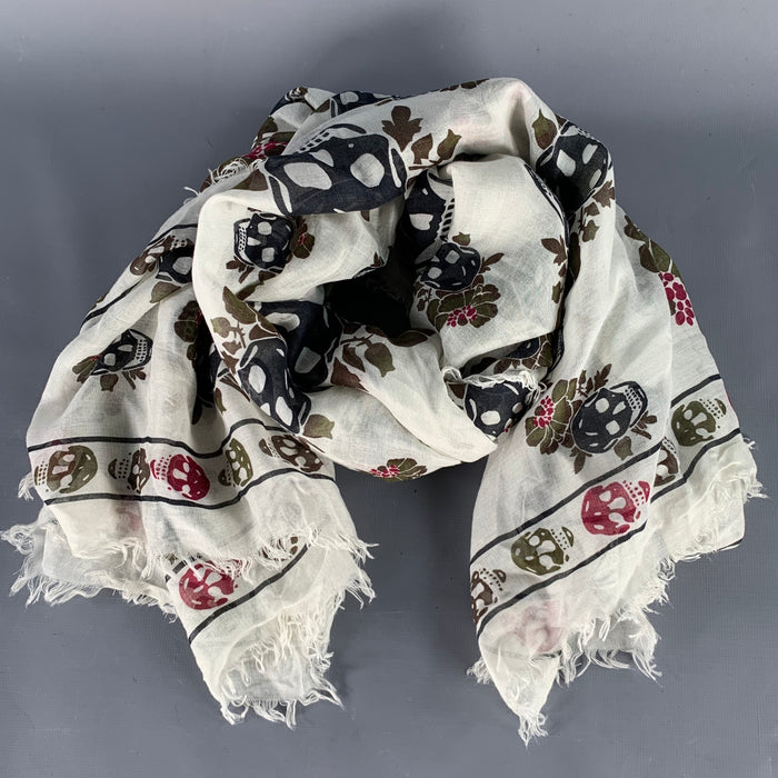 ALEXANDER MCQUEEN White Green Skull Floral Fringe Square Scarf