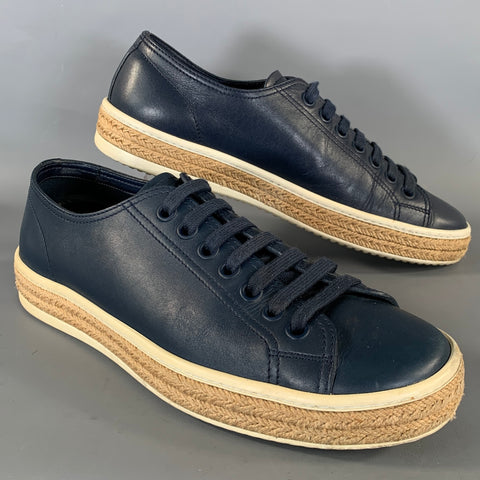 PRADA Size 7 Navy Beige Leather Espadrille Sneakers