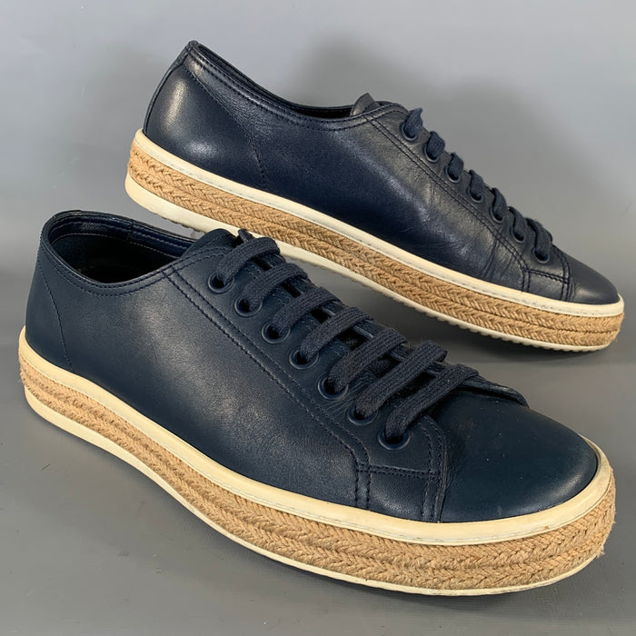PRADA Size 7 Navy Beige Leather Espadrille Sneakers