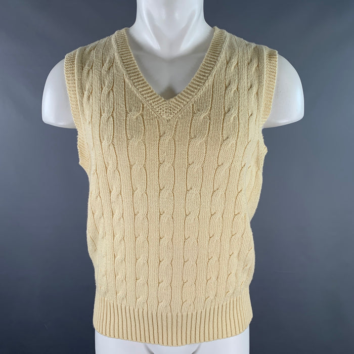 RALPH LAUREN Size M Beige Cable Knit Cotton Cashmere V-Neck Vest