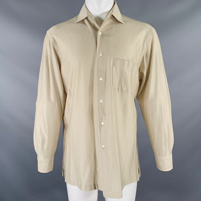 BRIONI Size M Taupe White Stripe Cotton Button Up Long Sleeve Shirt